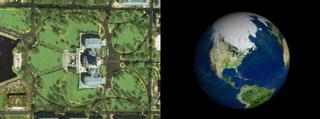 Image shows, on the left side, a close up of the US Capitol in Washington, DC and, on the right side, a global view of the Earth, focusing on North America