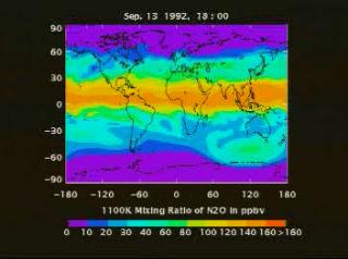 Global N2O mixing ratio for September 6, 1992 to September 14, 1992 derived from CLAES and the GEOS-DAS