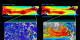 SeaWIFS images of the region around the Galapagos Islands on May 10, 1998 and May 25, 1998 compared with NCEP sea surface temperatures, showing the return of sea life as the ocean cools after El Niño