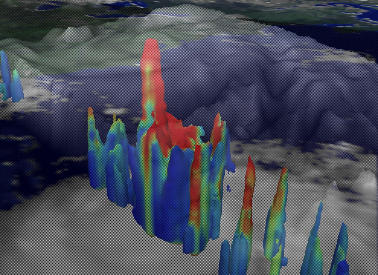 A high angle view of the 18 km Hurricane Bonnie cloud tower, looking through the TRMM optical image of the hurricane