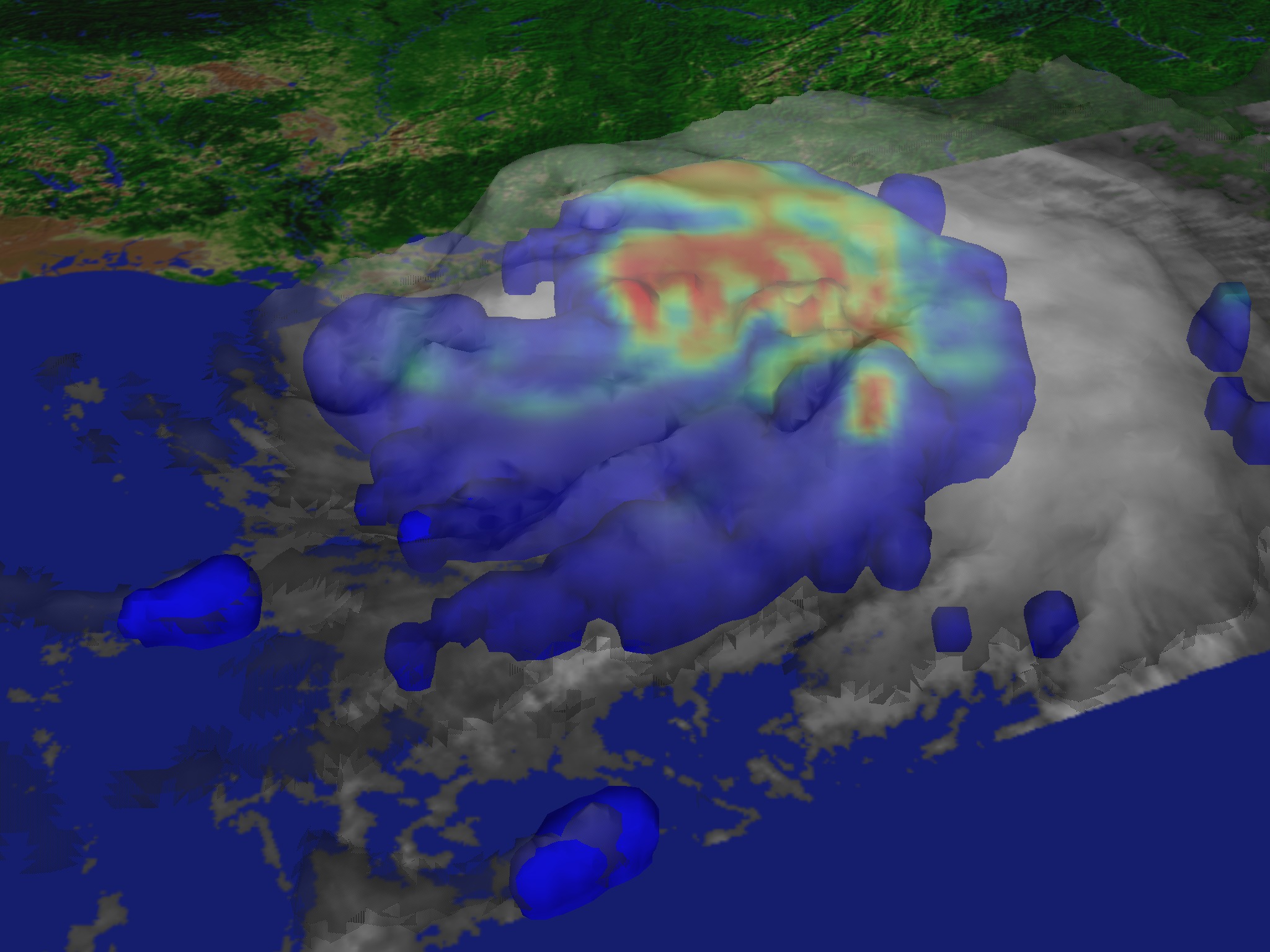 A perspective view of clouds and precipitation isosurfaces of Hurricane Georges, from September 27, 1998