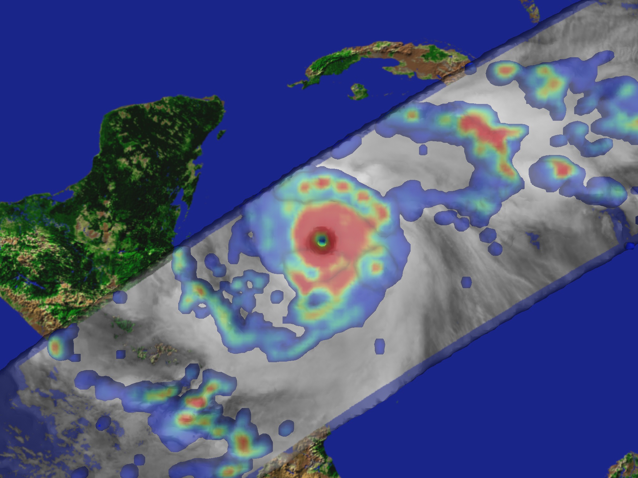 An infrared image of Hurricane Mitch superimposed on ground precipitation rates for Hurricane Mitch, from October 27, 1998.  Red represents regions of highest rainfall.