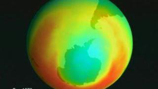 The evolution of the ozone hole over Antarctica as shown through measurements of average ozone for September for the years 1979 through 1998, excluding 1995.  These measurements were made by the TOMS instruments on Nimbus-7, Meteor-3 and Earth Probe.  Dark blue represent regions of low ozone and red represents regions of high ozone.