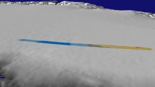 One flight path over Greenland, colored using ice thickness change data from the Airborne Topographic Mapper