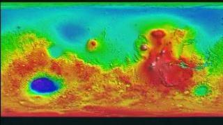 Mars flat topographic map flyover and spin over Hellas Crater with false color texture
