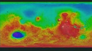 Flyover flat map of Mars topography of Hellas Crater with false color texture