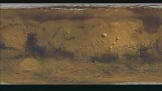 Flyover flat map of Mars topography of Hellas Crater with true color texture