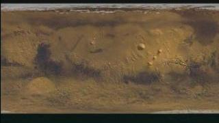 Push in and spin around Tharsis rise on a flat map of Mars MOLA topography with Viking true color