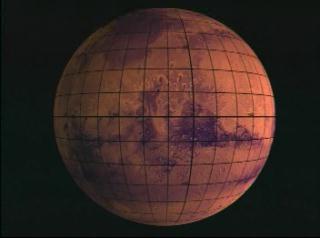 Mars true color Viking sphere rotating to Polar Lander site in MOLA false color