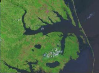 Zoom down to the Pamlico River in North Carolina, from Landsat imagery taken on July 6, 1999.