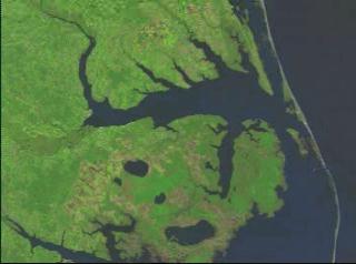 Zoom down to the Pamlico River in North Carolina, from Landsat imagery taken on September 23, 1999.