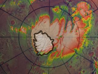 A visible image of the Martian south pole, from Viking data, overlaid over a false color image of the topography of the region as measured by MOLA