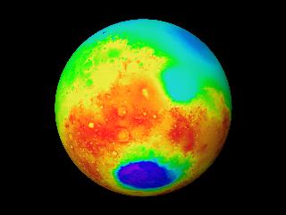 A view of the southern hemisphere of Mars showing topography data from MOLA.  Blue tones represent elevations of less than 2 kilometers, while reddish tones are greater than about 2.8 kilometers, relative to the mean equatorial height of Mars.