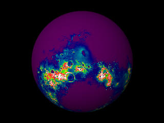 A view of the topography of the southern hemisphere of Mars, using a color table designed to highlight the topography at the south pole.  White colors indicate elevations in excess of 3012 meters, red shows elevations between 2500 and 3012 meters, yellow shows elevations from 2450 to 2500 meters, dark cyan shows elevations from 2150 to 2450 meters, dark violet shows elevations from 320 to 2150 meters.