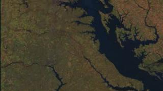 A flyby of the Washington-Baltimore corridor, from Landsat imagery draped over elevation data