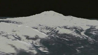A flyby of Mt. Rainier using Landsat imagery draped over elevation data, with no sky added