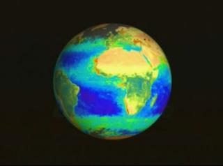 Six globes showing data (biosphere, aerosols, radiant energy, air pollution, temperature, and water vapor) pull away from a single globe, to illustrate the measurements taken by the instruments on Terra