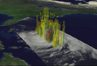 A fly in to a set of nested 3D isosurfaces of constant precipitation density for Hurricane Bonnie, measured by TRMM on August 22, 1998.  The isosurfaces are removed one by one until only the highest density surface remains, then the surfaces are restored in reverse order.