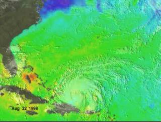 An animation of clouds from GOES and sea surface temperatures from TRMM in the Atlantic from August 22, 1998 through September 3, 1998.  The ocean is cooled by the passage of Hurricane Bonnie causing a decrease in the wind speed in Hurricane Danielle.  This is the high definition version.