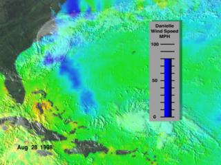 A combined image of clouds from GOES and sea surface temperatures from TRMM in the Atlantic on August 28, 1998.  This image shows Hurricane Danielle right on top of the cooler ocean region caused by Hurricane Bonnie.