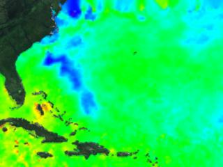 An image of sea surface temperatures from TRMM in the Atlantic on August 28, 1998.  This image shows the wake of cool water left by Hurricane Bonnie as it approached the East Coast of the United States.  On this date, Bonnie is over Cape Hatteras.