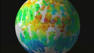 Global carbon monoxide as measured by MOPITT from March 5, 2000 to March 7, 2000 is shown on a globe, which then unwraps to a cartesian projection.  High values of carbon monoxide are shown in red and yellow, and the large areas of missing data in white are regions not seen by MOPITT during this three-day period.