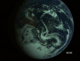An animation of the Earths rotation from Galileo imagery at 10 times real-time.  The timer indicates hours and minutes of elapsed time.  Very little motion is apparent.