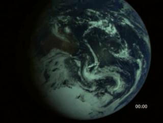 An animation of the Earths rotation from Galileo imagery at 600 times real-time.  The timer indicates hours and minutes of elapsed time.  The Earths rotation is apparent, but cloud motion is not perceptible.