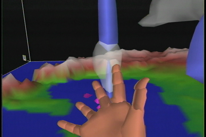 A live screen capture of the interaction of a virtual
hand with data from a computer simulation of Hurricane Florence.
The hand grabs and moves the data visualzation, then activates a direct
readout of data from the position of the virtual fingertip.  Finally, wind
streamline tracer ribbons are generated from the moving fingertip.