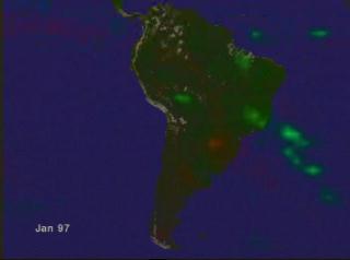 Monthly average precipitation anomalies over South America as measured by TRMM for January 1997 through February 1998