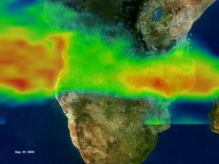 Tropospheric Ozone over Southern Africa on 9-25-2000 as measured by Earth Probe TOMS
