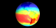 Earth view of the Western Hemisphere.  Red (denoting highest ground levels of ultraviolet radiation) covers most of South America and the colors fading to blues (denoting lowest ground levels of ultraviolet radiation) over North America.  This data was collected over the year 2000.