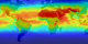 Flat view of the Earth showing reds and yellows over the
equatorial regions (denoting the higher ground levels of UV radiation) and cool
greens, blues, and purples as you move towards the poles (denoting lower ground
levels of UV radiation).
