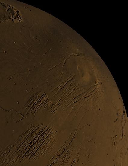 Mars MOLA true color image of Alba Patera looking south to north (vertical exaggeration 3x, shading 6x)