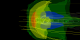 A profile view of the magnetosphere.  The Sun would be located to the left.  Lines from the Earths magnetic field are stretched out behind the Earth to form the magnetotail.