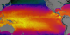 Sea surface temperature in the Pacific Ocean is shown in false color for February 15, 2002