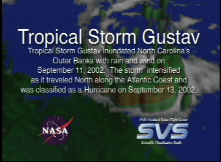 Slate title from video tape reads, 'Tropical Storm Gustav.  Tropical Storm Gustav innundated North Carolina's Outer Banks with rain and wind on September 11, 2002.  The storm intensified as it traveled north along the Atlantic Coast and was classified as a Hurricane on September 13, 2002.'