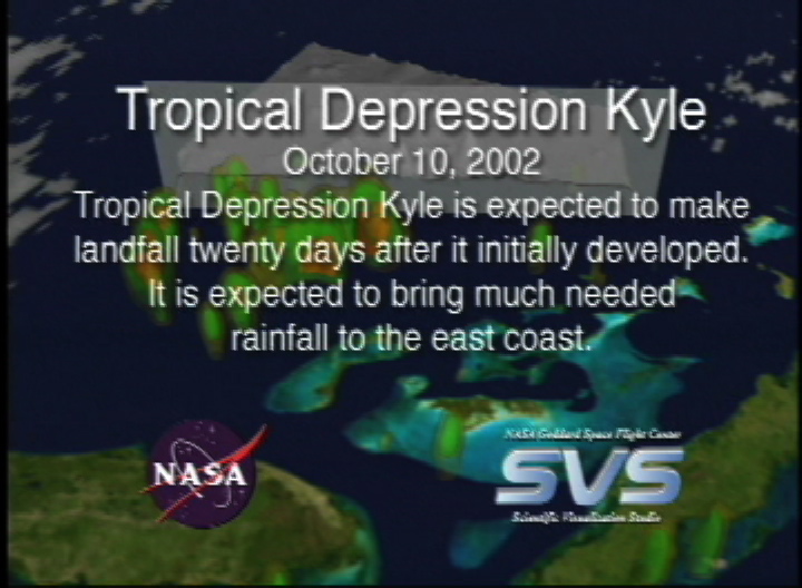 Video slate image reads "Tropical Depression Kyle, October 10, 2002Tropical Depression Kyle is expected to make landfall twenty days after it initially developed.  It is expected to bring much needed rainfall to the east coast."