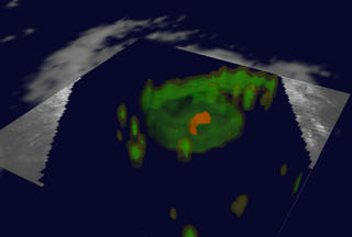 Hurricane Isabel on September 8, 2003.  Red= at least 2.0 inches of rain per hour, green is 1.0 inches of rain, and yellow is 0.5 inches of rain