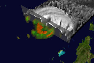 TRMM image of Isabel revealing the isosurfaces (a pictoral way to show the levels of rain being dropped in a particular area)