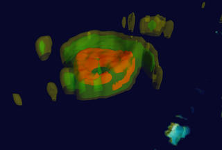 TRMM Image of Isabel showing all the isosurfaces (a pictoral way to show the levels of rain being dropped in a particular area)
