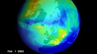 This visualization shows the northern hemisphere ozone hole from February 1, 2003, through March 30, 2003.