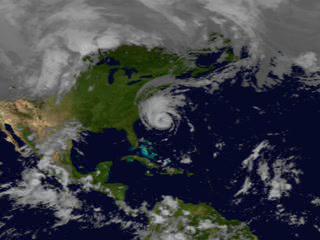 This animation is of Hurricane Isabel on September 18, 2003 as it hits the East Coast of the United States.  The storm is vast, but the rain structure is relatively small and non-symmetric for a storm of this size.