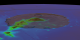 Transparent Olympus Mons juxtaposed over the Hawaiian Islands.