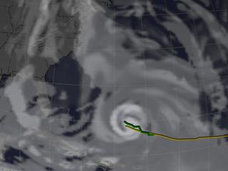 The yellow line indicates the actual path of hurricane Isabel.  The green line indicates the path predicted by the FVGCM model.  The background is a visualization of the cloud coverage predicted by the model.