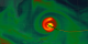 The yellow line indicates the actual path of hurricane Isabel.  The green line indicates the path predicted by the FVGCM model.  The background is a visualization of the Total Precipitable Water predicted by the model.
