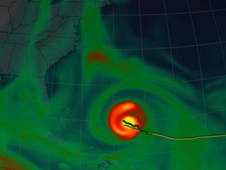 The yellow line indicates the actual path of hurricane Isabel.  The green line indicates the path predicted by the FVGCM model.  The background is a visualization of the Total Precipitable Water predicted by the model.