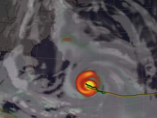 The yellow line indicates the path of hurricane Isabel.  The green line indicates the path predicted by the FVGCM model.  The background is a visualization of the Total Precipitable Water predicted by the model, superimposed onto the predicted cloud coverage.
