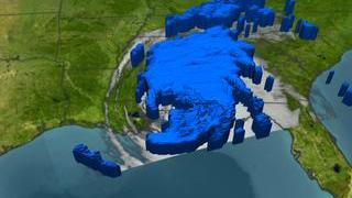  TRMM provides this view of Hurricane Ivan on September 16, 2004, as its eye makes landfall.  TRMM lets us see through the clouds. Blue represents areas with at least 0.25 inches of rain per hour.