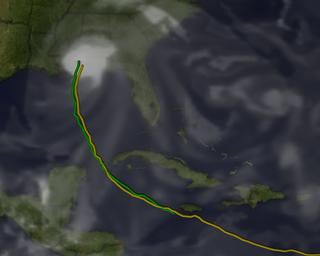 A close-up, showing the track of Ivan (in yellow) and the  fvGCM model track (in green), up the to point of land fall.